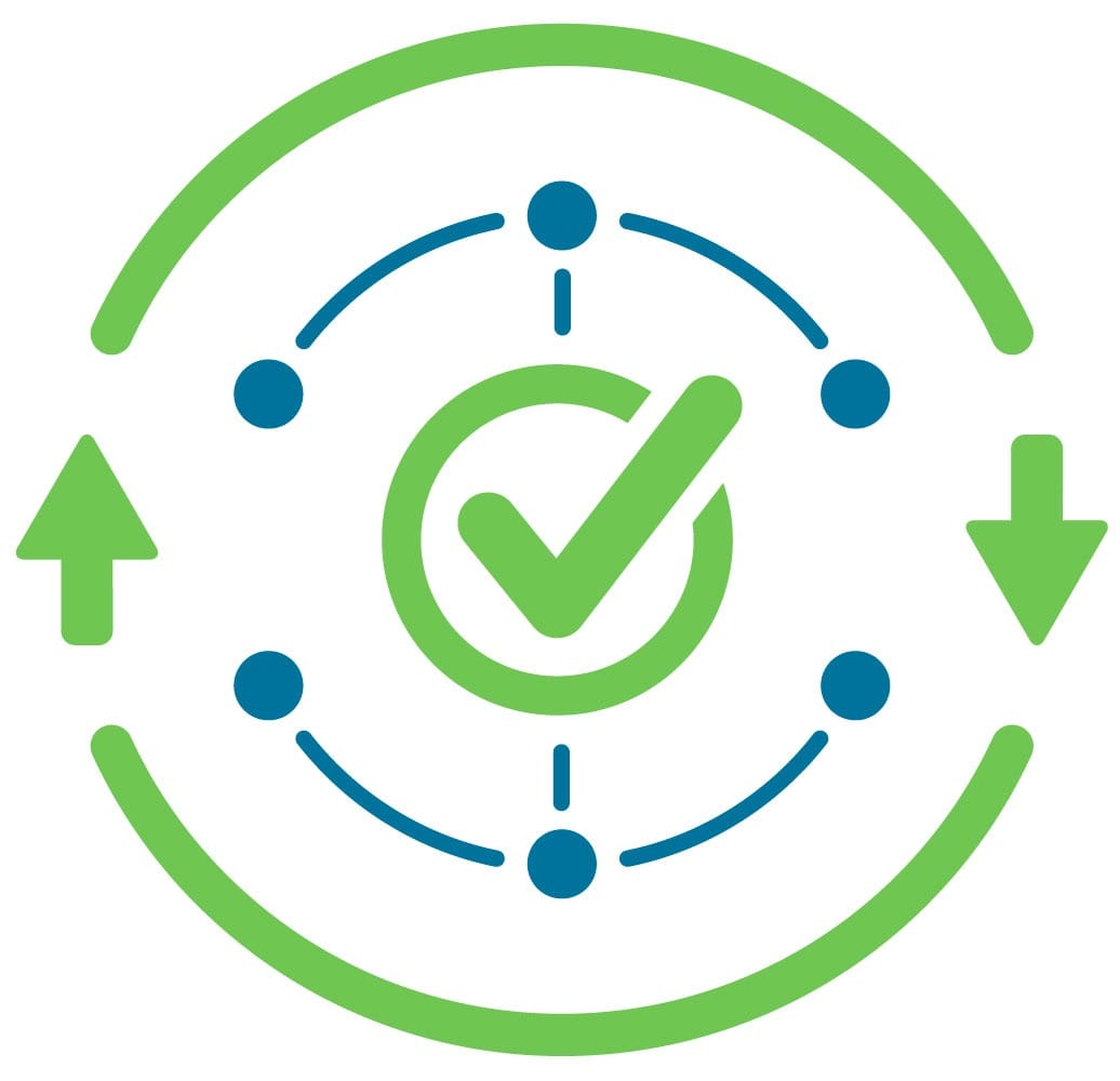 Circular arrows with checkmark showing secure data flow