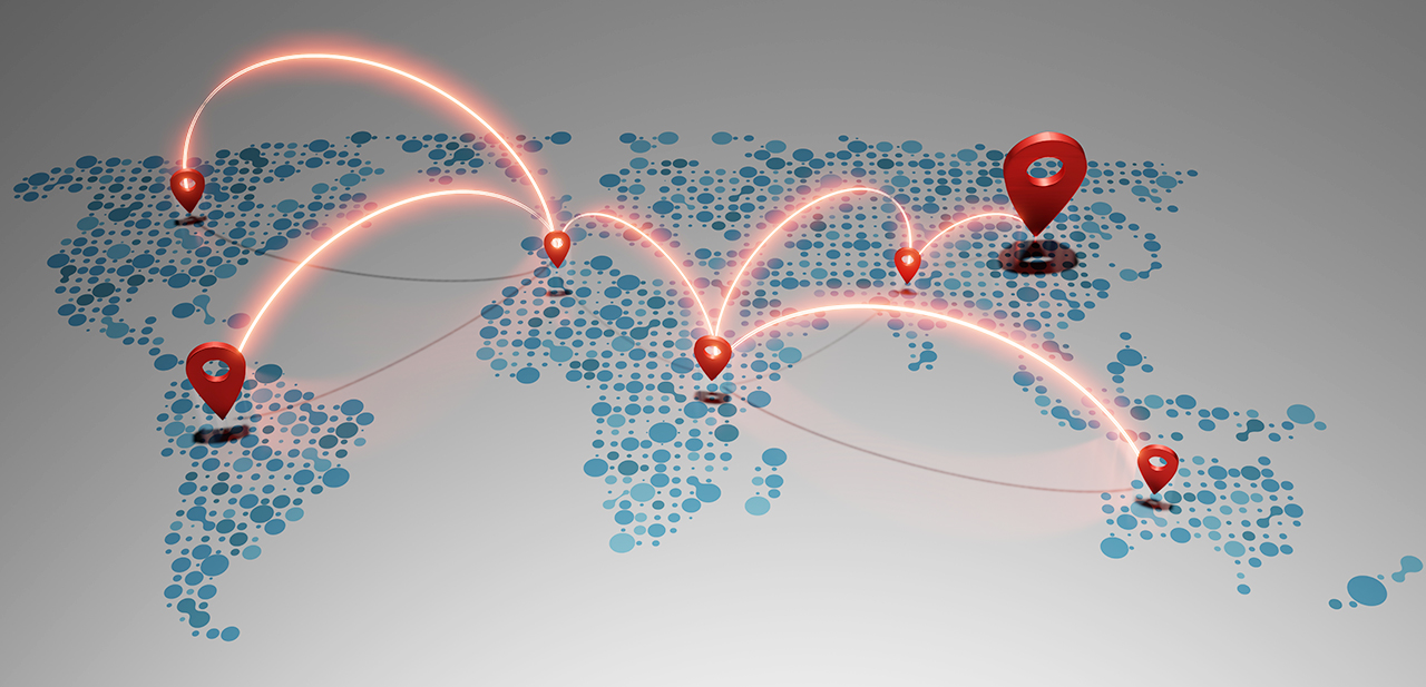 Map with pins representing global connections