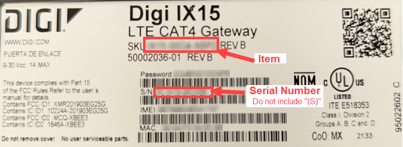 Label for Digi IX15