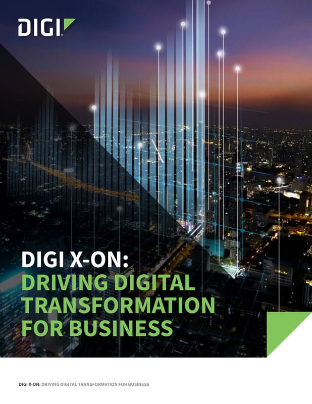 Cover page of Digi X-ON solution brief titled 'Driving Digital Transformation for Business' featuring a digital cityscape with glowing lines.