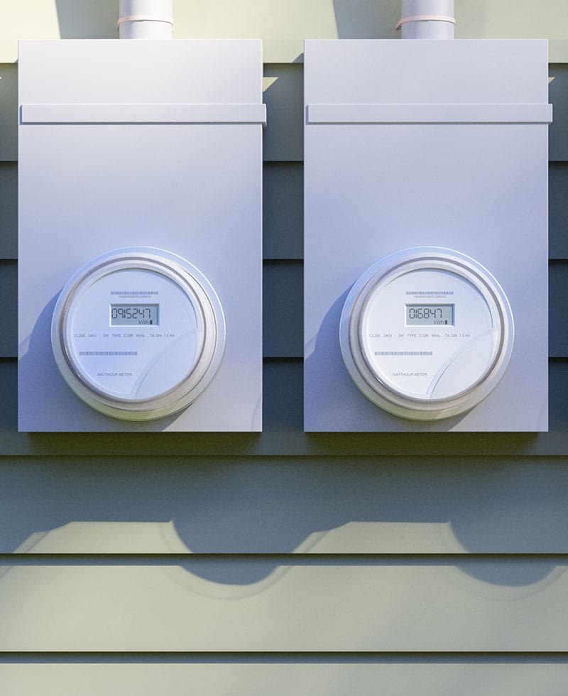 Two digital smart electricity meters mounted on a residential building exterior wall.