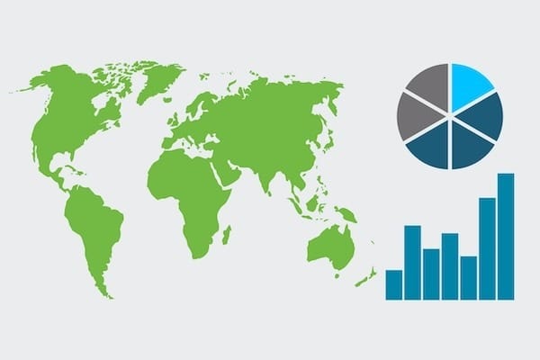World map with pie chart and bar graph showing global data analytics