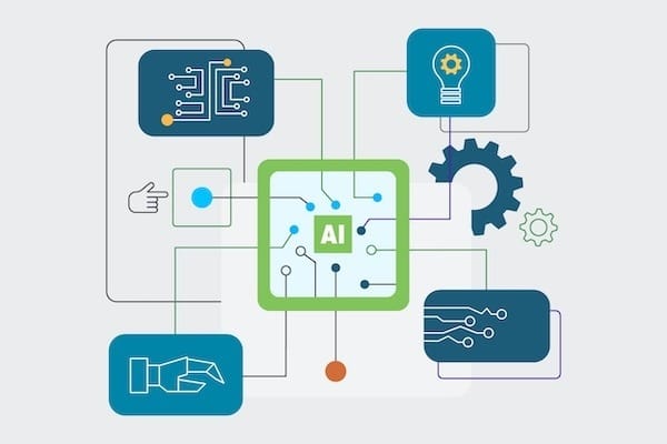 AI platform diagram with connected devices, gears, and data icons