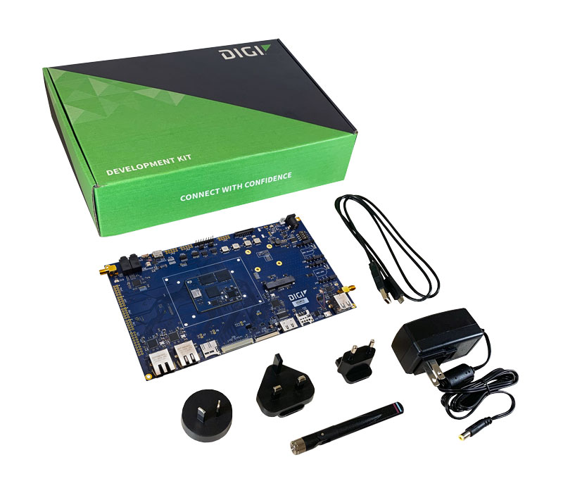 Digi ConnectCore 91/93 Development Kit with development board and Digi ConnectCore 93 dual, NPU, 1 GB LPDDR4, 8GB eMMC, wireless SOM including Digi ConnectCore Cloud Services Premium 1-year license