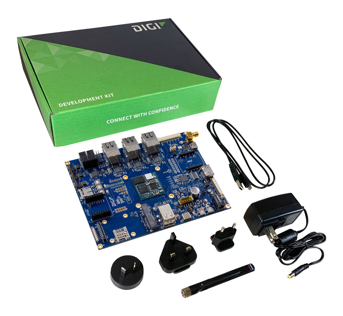 Digi ConnectCore MP255 Development Kit with development board and Digi ConnectCore MP255 dual 1 GB DDR4, 8 GB eMMC, 
wireless SOM including Digi ConnectCore Cloud Services Premium 1-year license